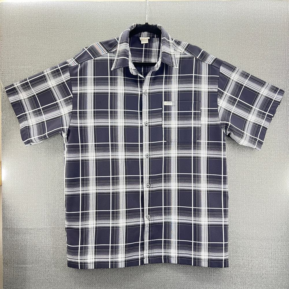 Vintage CALTOP Gray/White Short Sleeve Plaid Button Up Shirt Large‎ Made In USA